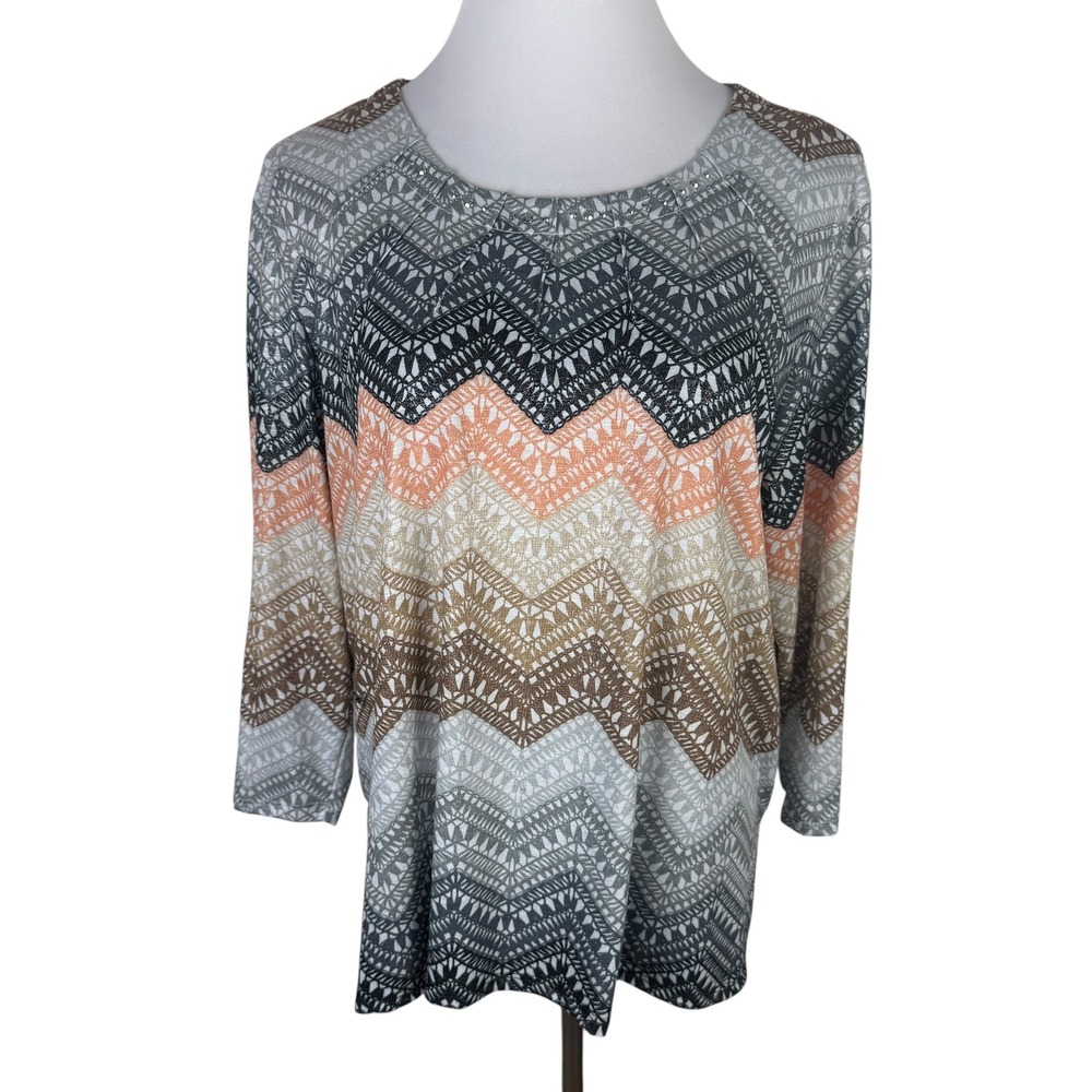 Alfred Dunner Women's PXL Chevron Zigzag Rhinestone Top Grey Orange Metallic